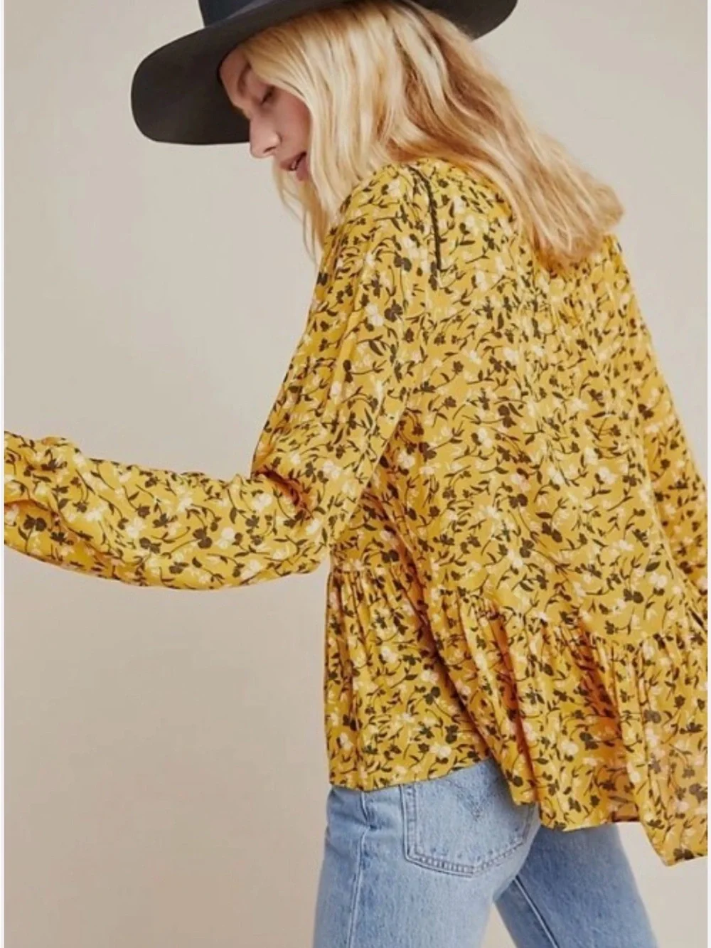 Anthropologie Mustard Floral Ruffle Peasant Blouse - Picture 2 of 7